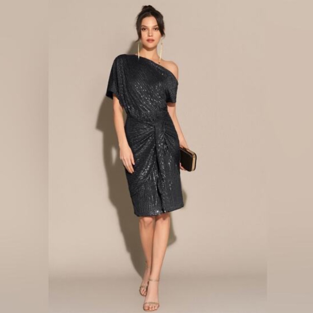 NWT Grace Karin | Women’s Black Sequin Asymmetrical Front Tie Party Dress Size L